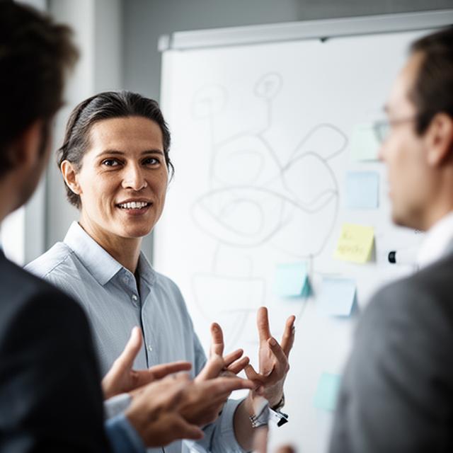 Vedúci tím diskutuje pri bielej tabuli počas pracovného workshopu