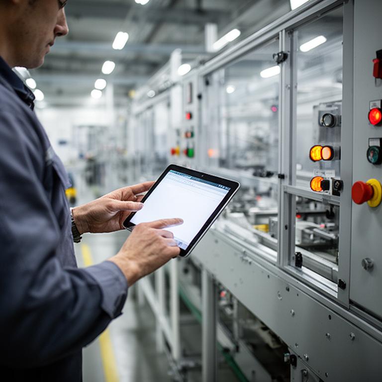 Technik meria výkon výrobnej linky v montážnej hale s tabletom a dokumentmi
